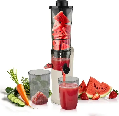 Karinear Appliances 3.1-Inch Cold Press Juicer High Juice Yield For Vegetables and Fruits, vertical juicer with dark body and clear collecti
