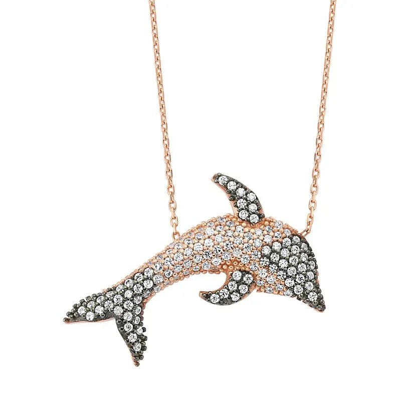 Amorium Jewelry Dainty Dolphin Silver Necklace Pendant in Rose Gold with CZ crystal waves