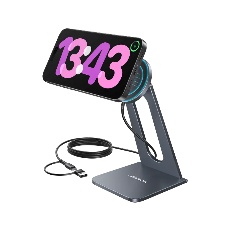 JSAUX MagSafe Magnetic Wireless Charger Stand holding iPhone in vertical position
