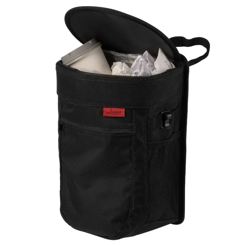 Lusso Gear Car Trash Can 2.5 Gal with flip-top lid showing mesh pockets and removable liner
