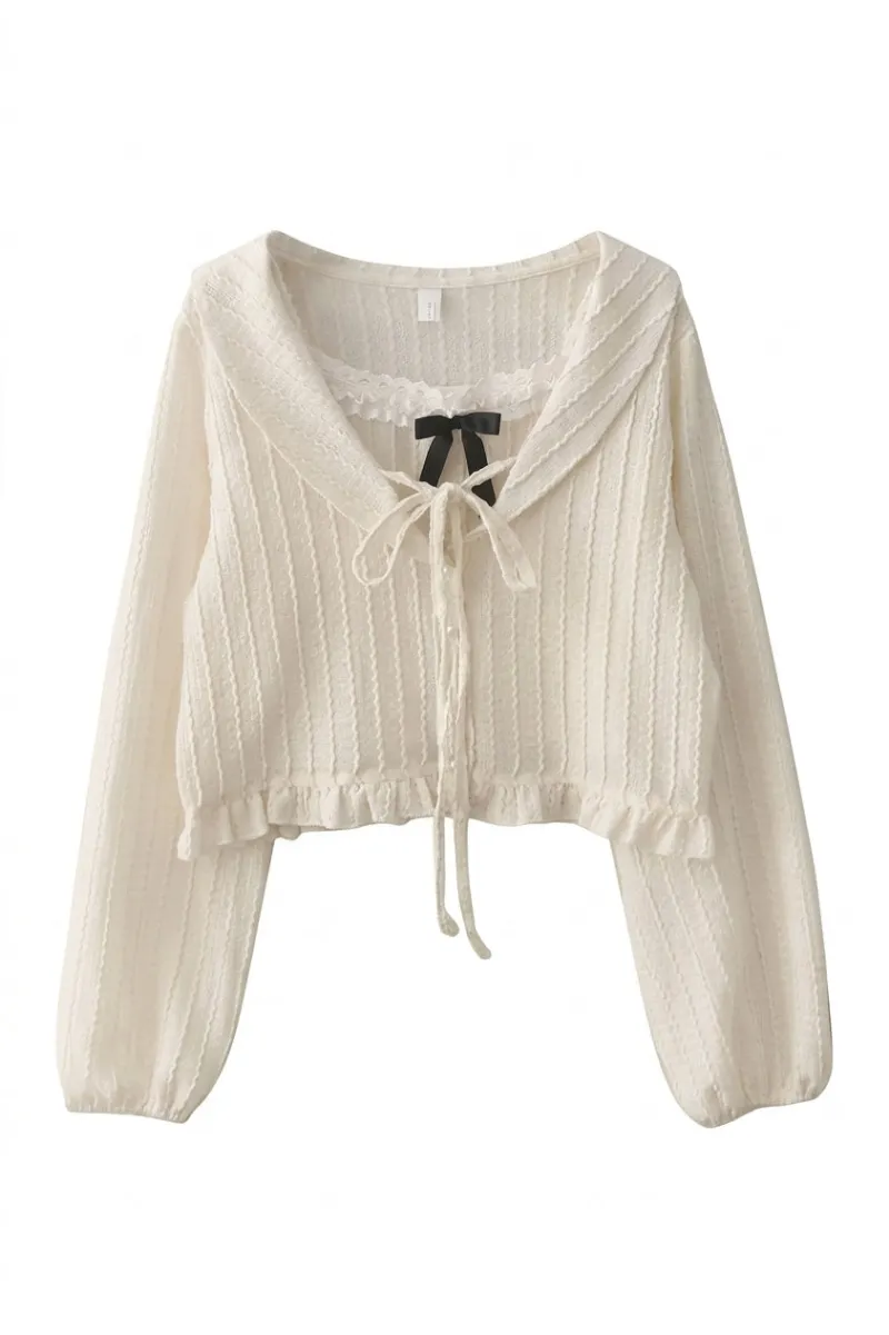 Cottagecore Clothes Cottagecore Cream Lace-Up Sailor Blouse with ruffled lace collar and ribbon front closure
