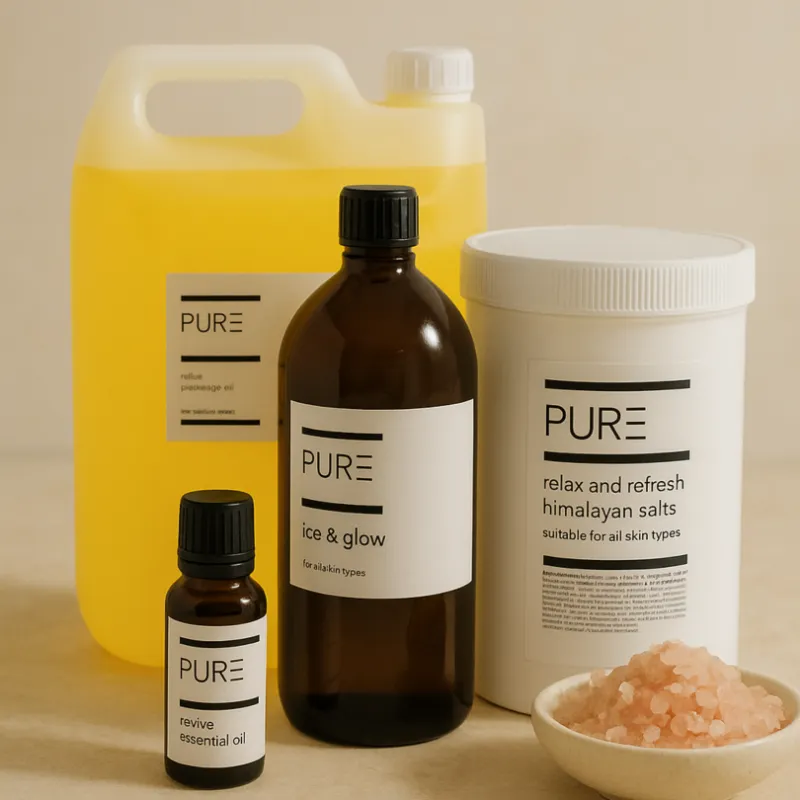 PURE Spa Skincare Spa in a Box Massage Edition professional massage oil and gel bottles with Himalayan salts