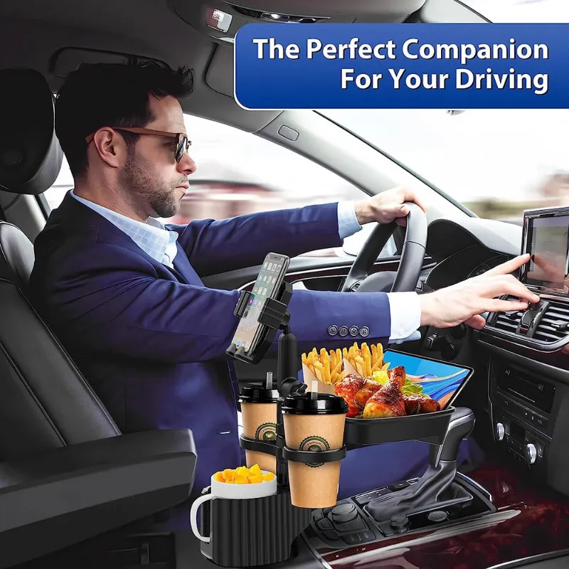 Kicklo 3 In 1 Adjustable Car Cup Tray with Phone Holder installed in cup holder