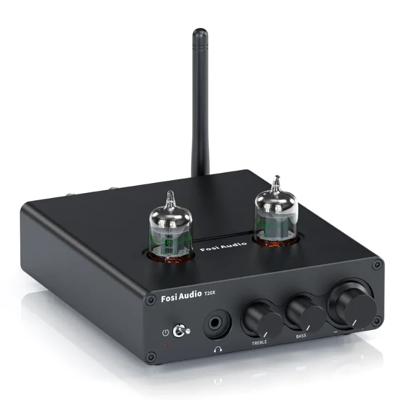 Fosi Audio T20X Bluetooth Tube Amplifier Headphone with glowing vacuum tubes and compact chassis