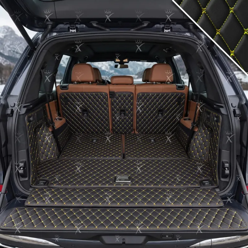 Luxus Car Mats 360Fit Diamond Trunk Mat in black with yellow stitching, showing raised-wall cargo coverage