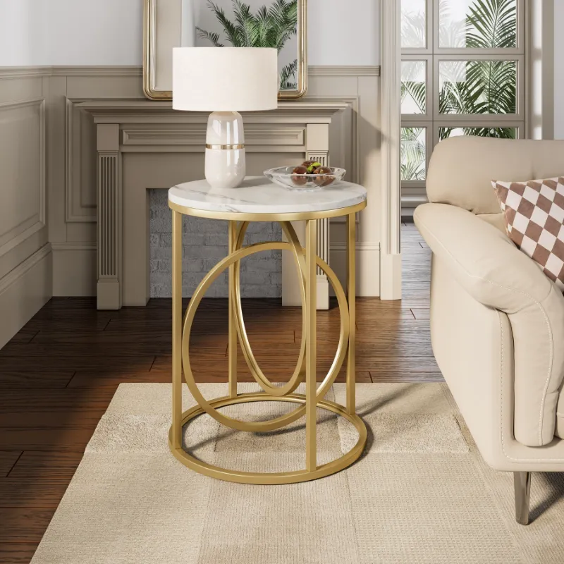 Tribesigns 19.7-inch round end table with white marble-look top and golden O-shaped metal frame