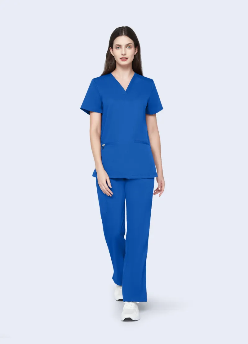 COMENII StyleFlex 7-Pocket Essential Scrub Set in royal blue with top and pants
