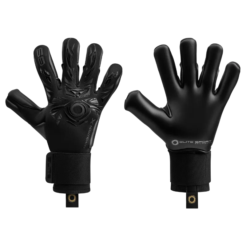 EliteSportUSA Revolution X Black 2025 - 2026 Goalkeeper Gloves in black with 3D embossed backhand