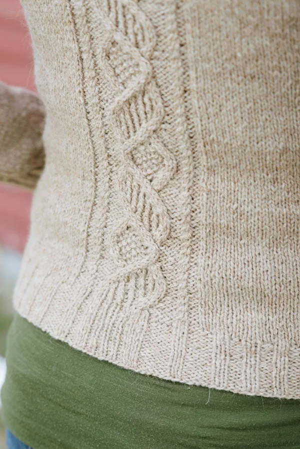 Kristen TenDyke Hardy knitting pattern showing raglan cardigan with front pockets