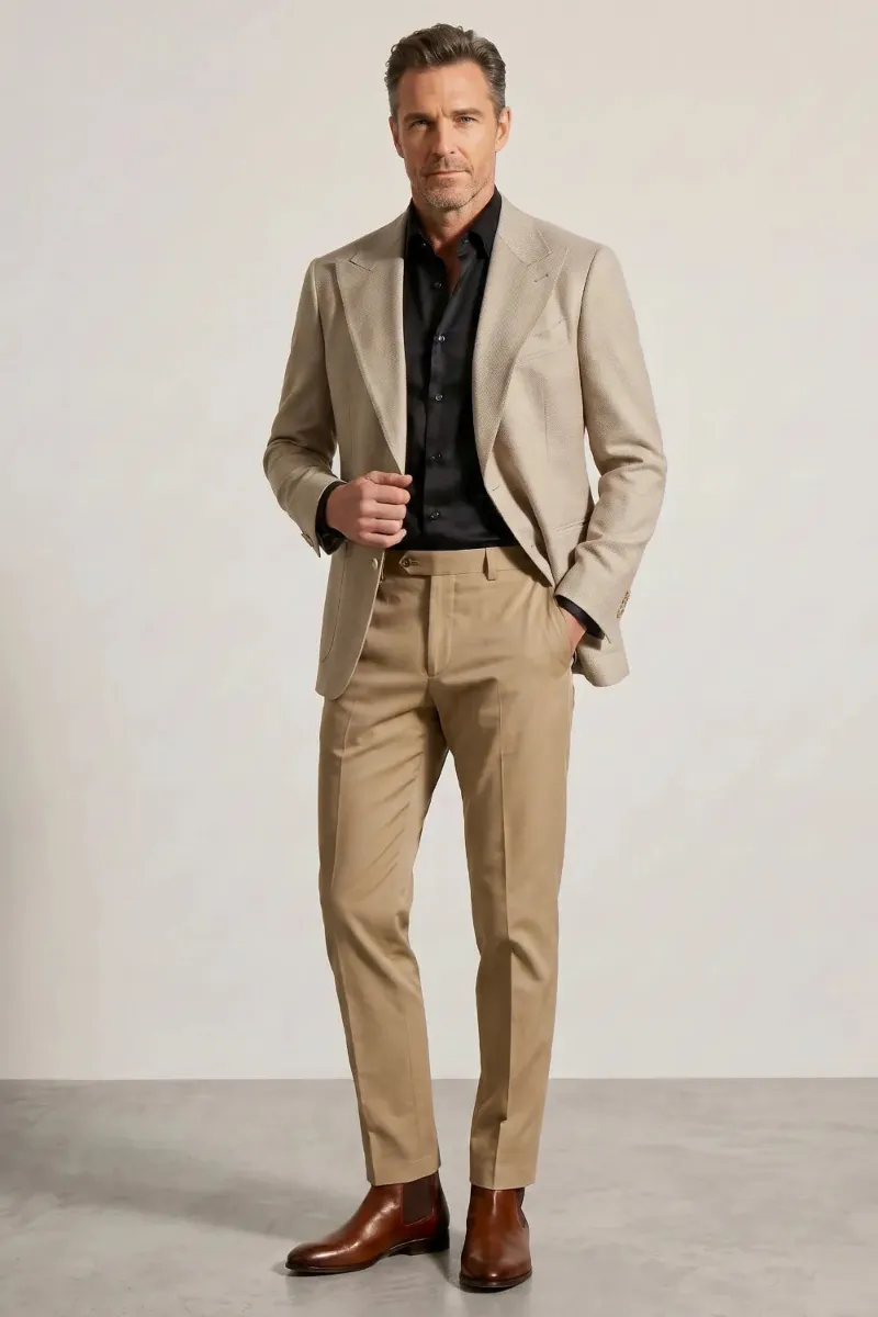 Wehilion Men's Beige Textured Peak Lapel 2-Piece Suit, beige textured suit
