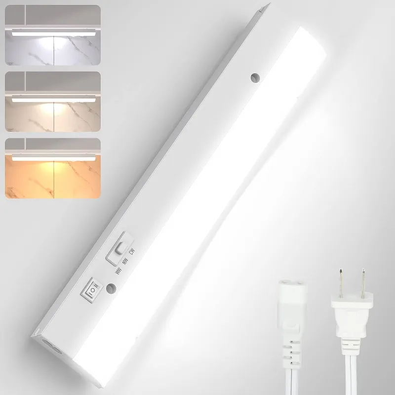 AIBOO 12 inch LED Under Cabinet Task Lighting for Kitchen Plug-in Closet Light showing three color temperatures