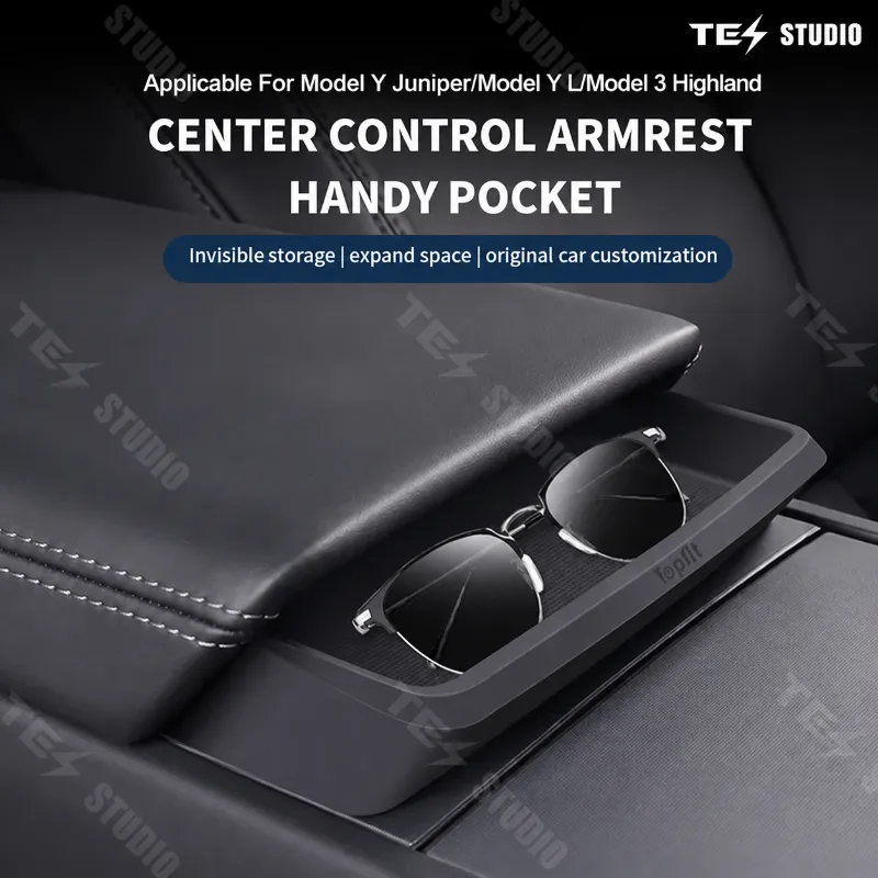 Tesstudio Armrest Storage Sunglasses Tray For Tesla Model Y Juniper showing slim hidden storage layer