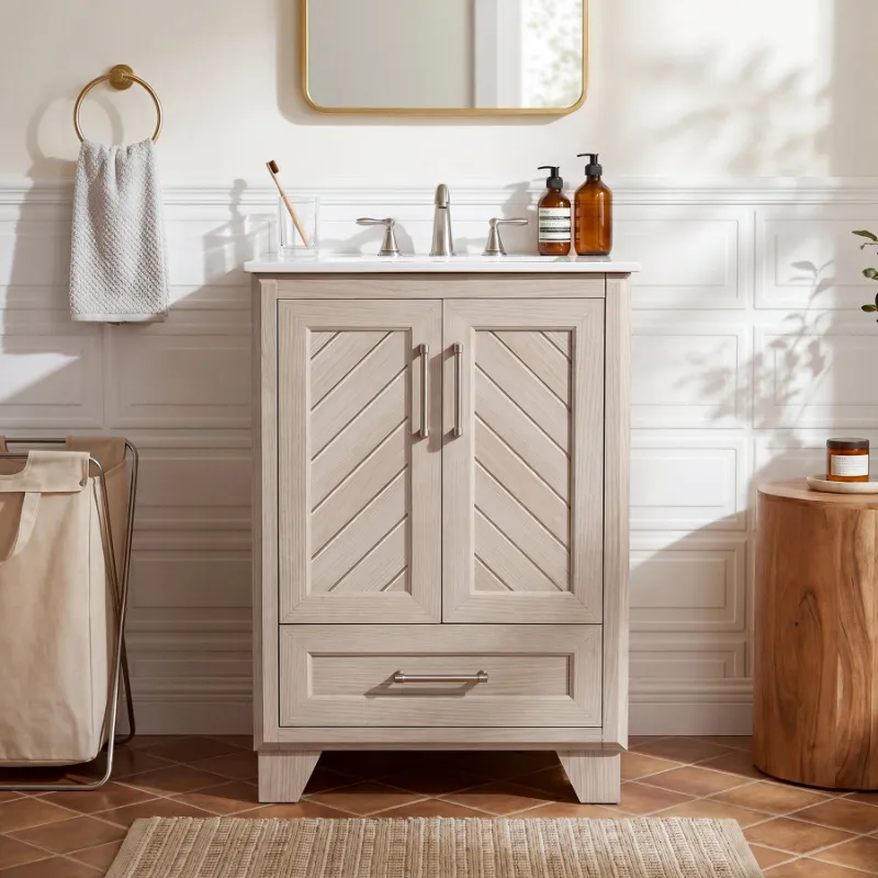Tribesigns 24-inch bathroom vanity with white ceramic sink and carved cabinet doors