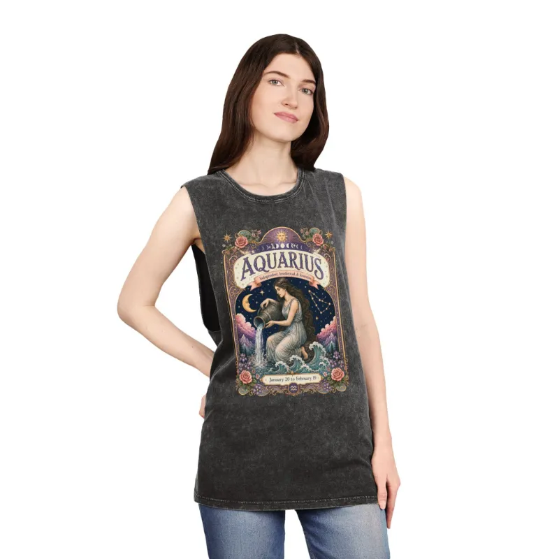 Spirit Nest Aquarius Zodiac Stonewash Tank Top with cosmic water bearer artwork