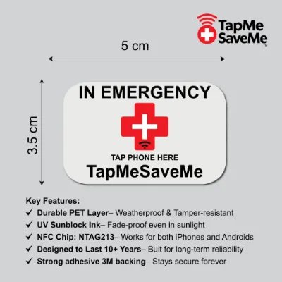TapMeSaveMe 5-Pack NFC Emergency Contact Stickers showing white adhesive labels ready for phones.