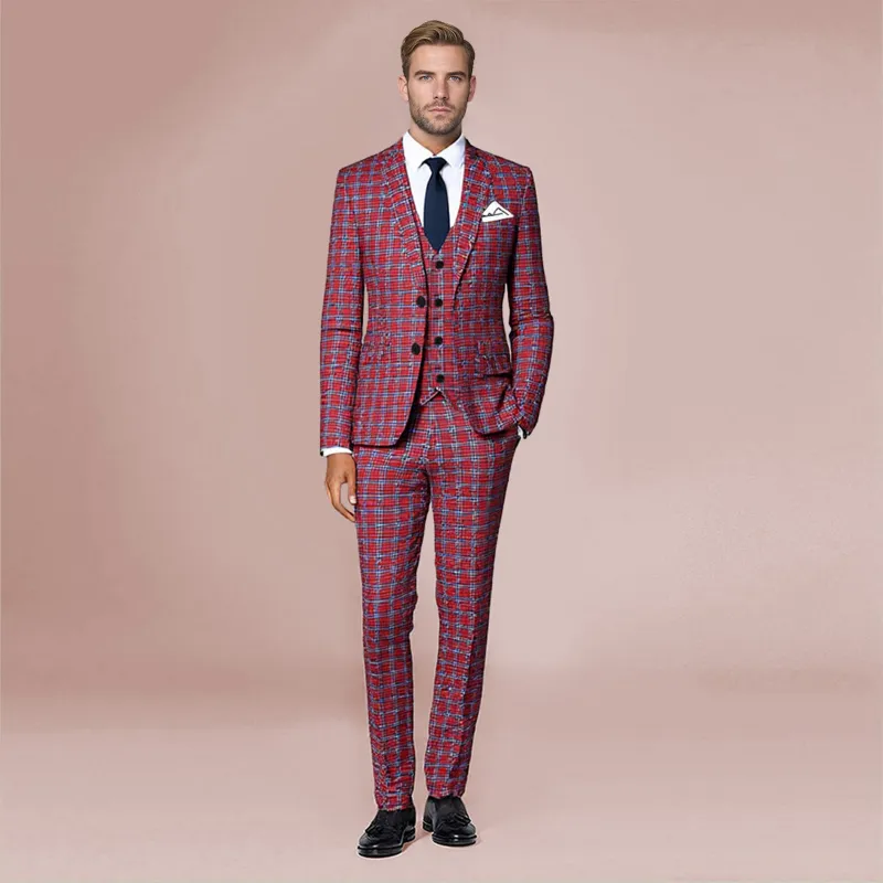 Cloudstyle C4D0104 Series red and grey checked 3-piece suit, front view