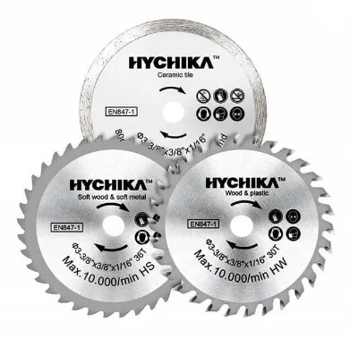 HYCHIKA 3PCS Mini Circular Saw Blades Set showing carbide, HSS, and diamond blades