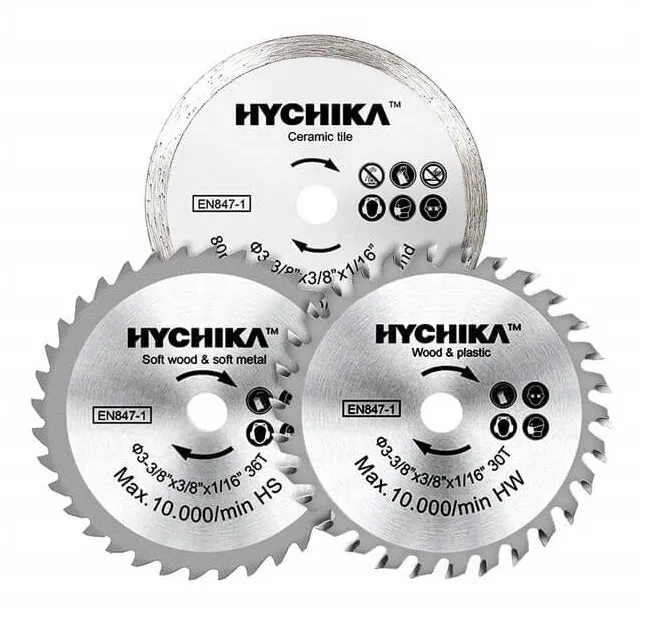 HYCHIKA 3PCS Mini Circular Saw Blades Set showing carbide, HSS, and diamond blades