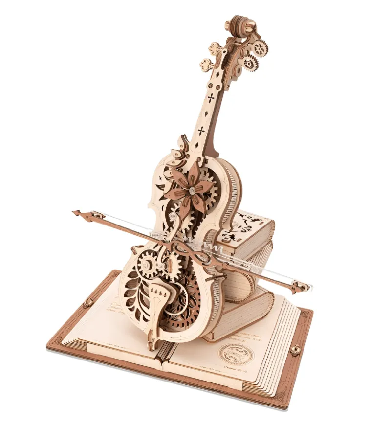 Varvikas 3D Wooden Music Box Puzzle Kit, Magic Cello (RK018e) wooden cello model with gears on book stack