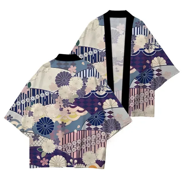 Foxtume Kiku & Sakura Kimono Cardigan, a lightweight Haori jacket with floral and wave motifs in blue and purple