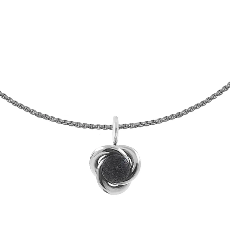 Nammi Celtic Knot Pendant with Lava Stone showing intricately designed Celtic knot and natural lava bead on titanium chain