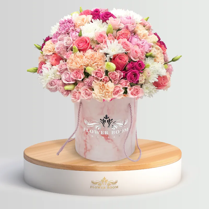 Flower Boom Dallas Pink Thoughts arrangement featuring pink roses, carnations, spray roses, and chrysanthemums