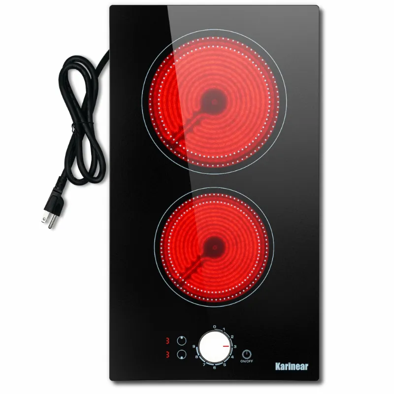 Karinear Appliances 12 Inch 2 Burner Plug in Portable Electric Ceramic Cooktop, black glass cooktop with dual burner zones