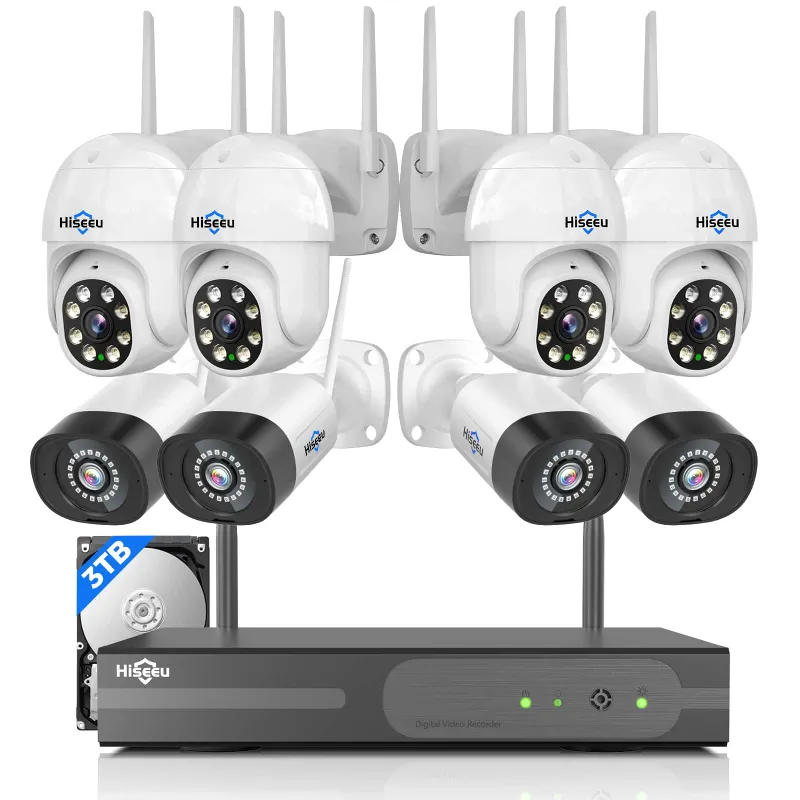 Hiseeu 8-piece PTZ and bullet 5MP security camera system with 4K NVR and 3TB HDD on white background