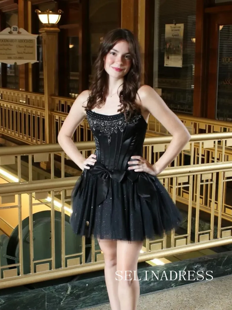 Selinadress A-line Black Strapless Short Homecoming Dresses Beaded Hoco Dresses with bowknot detail