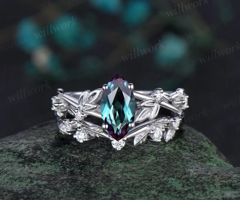 WillWork Jewelry 1ct marquise cut alexandrite engagement ring set, white gold twig leaf stacking diamond band