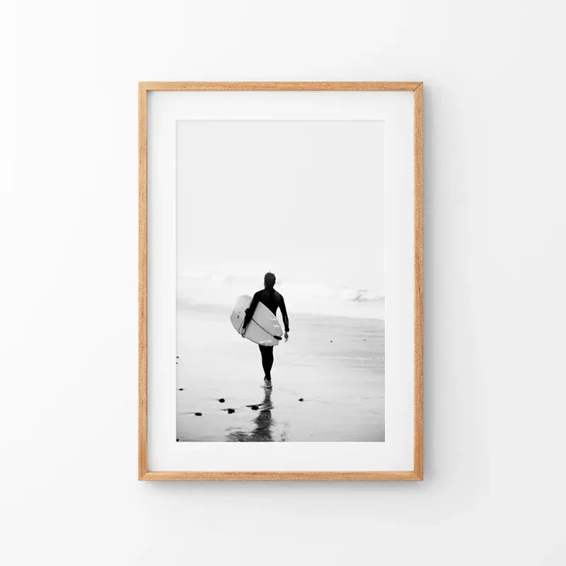 Wall Art Set Black White Modern Surfer Photo Coastal Style Print surfer on waves