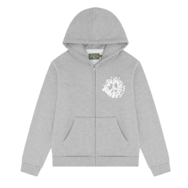 AfewVibe Denim Tears University Zip Hoodie Grey, grey cotton hoodie with white chest and back graphics