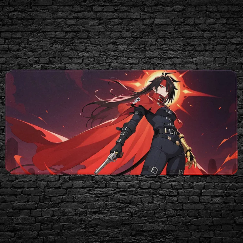 CruArt Anime Gunslinger Desk Mat with dark hero in red cape holding revolver