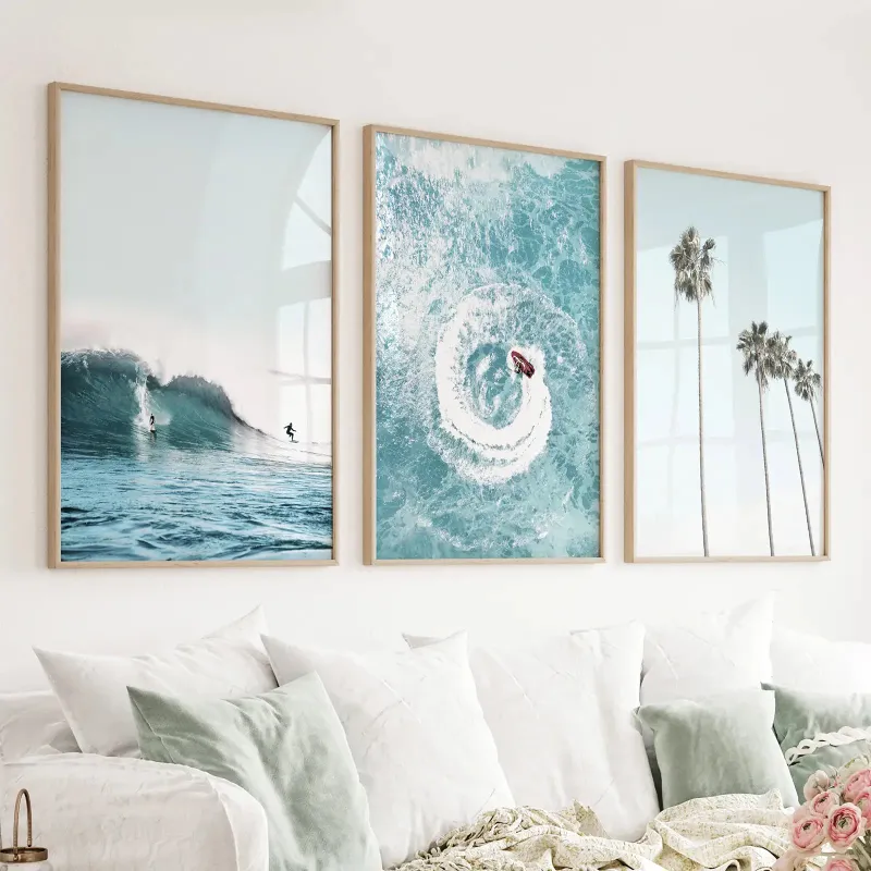 Wall Art Set Blue Ocean Themed 3 Piece Wall Art Palm Trees Waves showing tropical beach scene with surfers