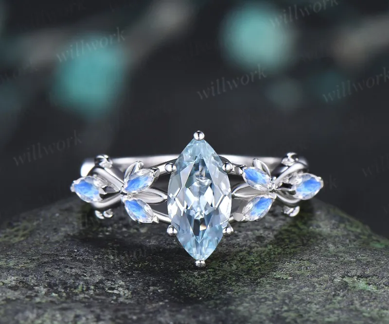 WillWork Jewelry 1ct marquise cut aquamarine moonstone engagement ring, vintage white gold leaf infinity design