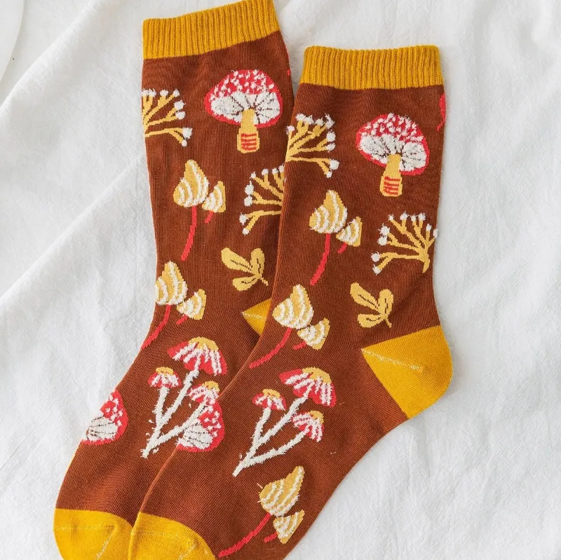 High Dreams Mushroom Pattern Crew Socks in multicolor with plant print design