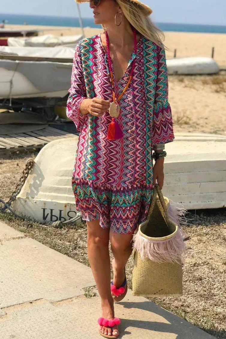 Mislish 3/4 Sleeves V-Neck Print Boho Dress, front view