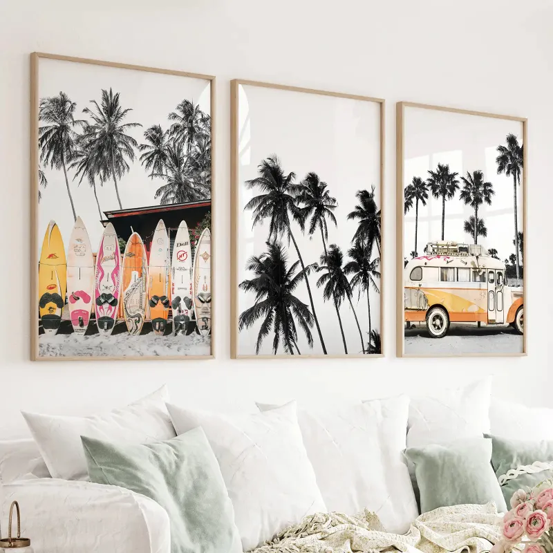 Wall Art Set Black and Orange Surfing Art Prints bus palms surfboards