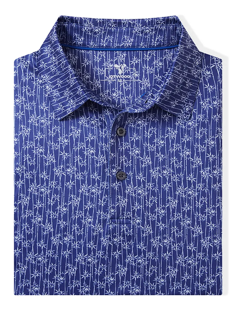 DTWOOO Men's Print Performance Polo in Bamboo print, front view of collared golf polo shirt