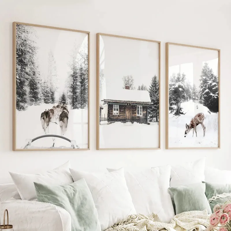 Wall Art Set Christmas Mood with fawn, log cabin, and sledding scenes