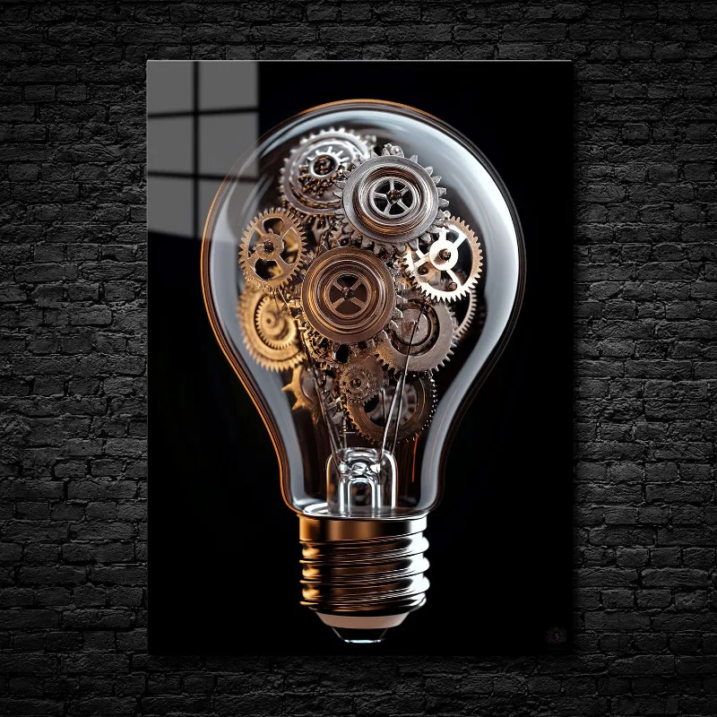 CruArt Mechanical Insight metal print, glass lightbulb filled with intricate silver and bronze gears