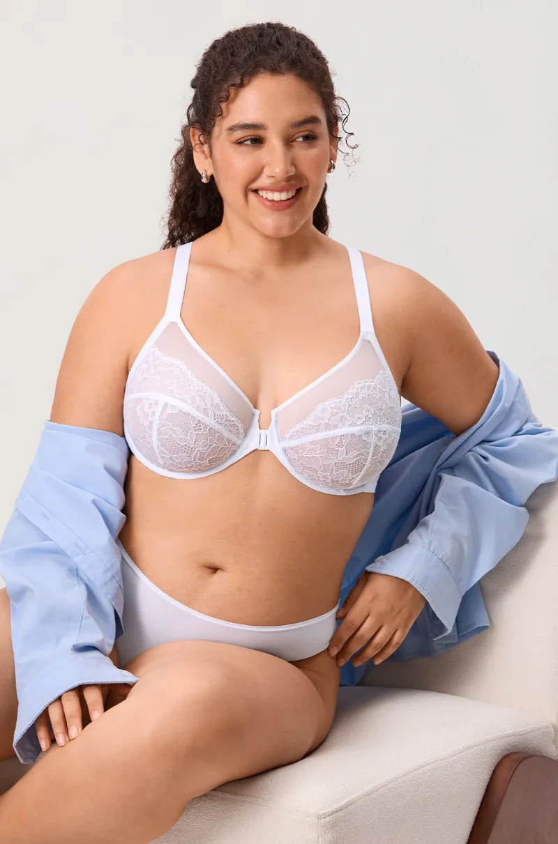 Essenther Global Full Coverage Front Closure Racerback Lace Bra with delicate lace detailing