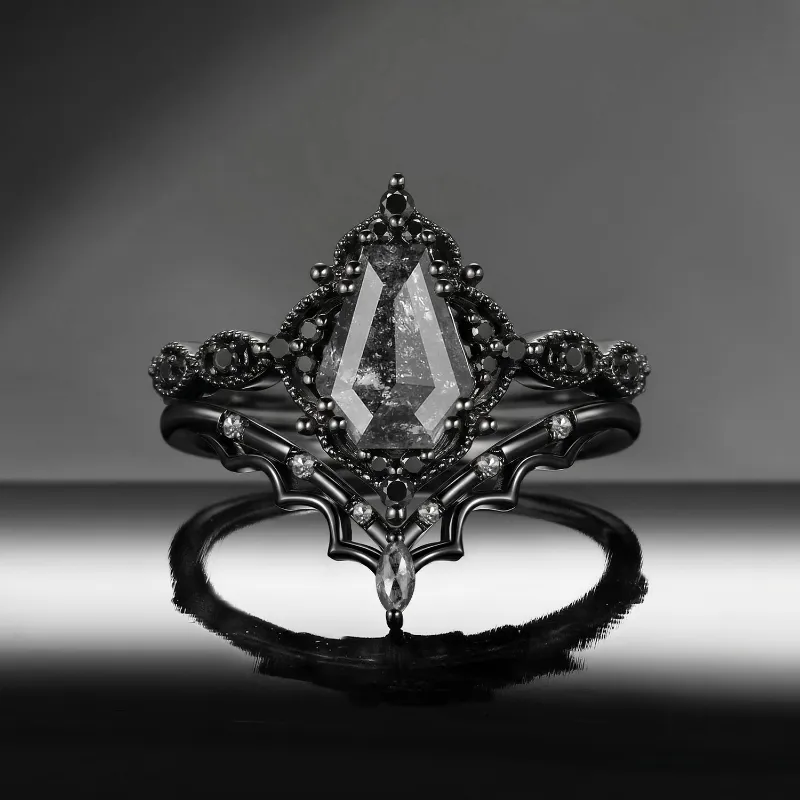 Starlandus 'Bat's Whisper' Gothic Coffin Salt & Pepper Diamond Alternative Bridal Engagement Ring Set with Bat Wings in Black Gold