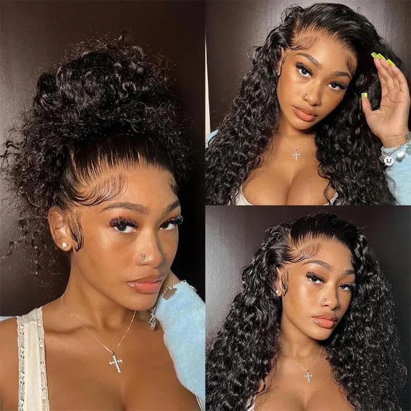 Megalook 360 Full Lace Glueless Water Wave Wig, natural black with drawstring