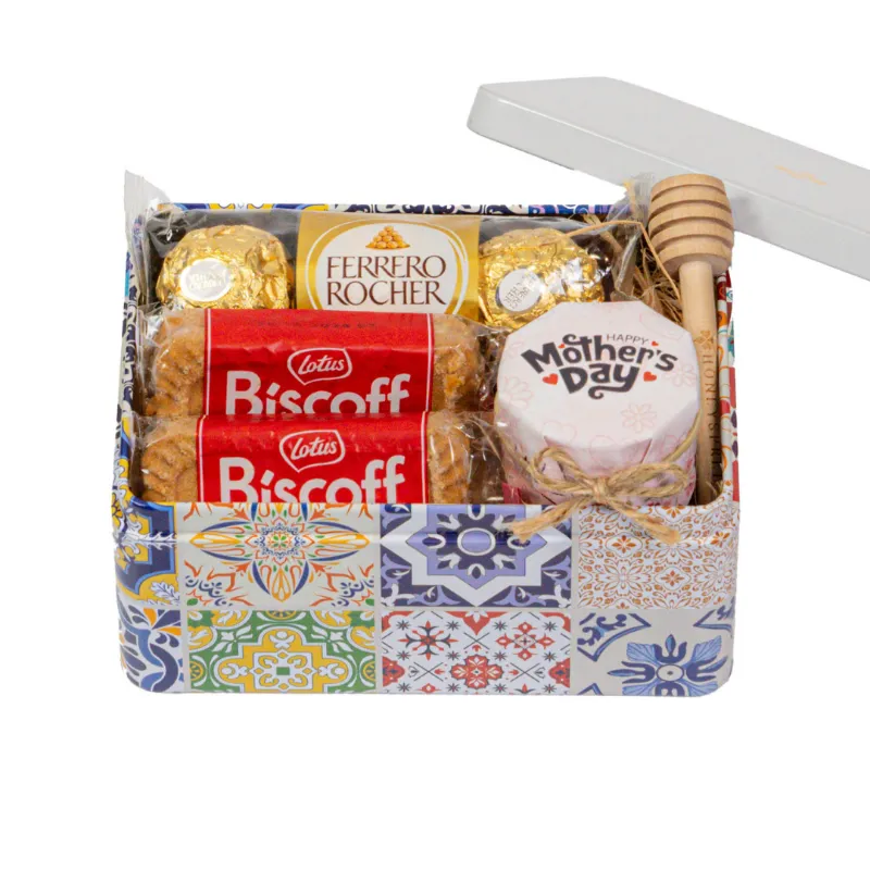 HoneySpree Happy Mother's Day Sweet Treat Tin with honey, treats, and dipper