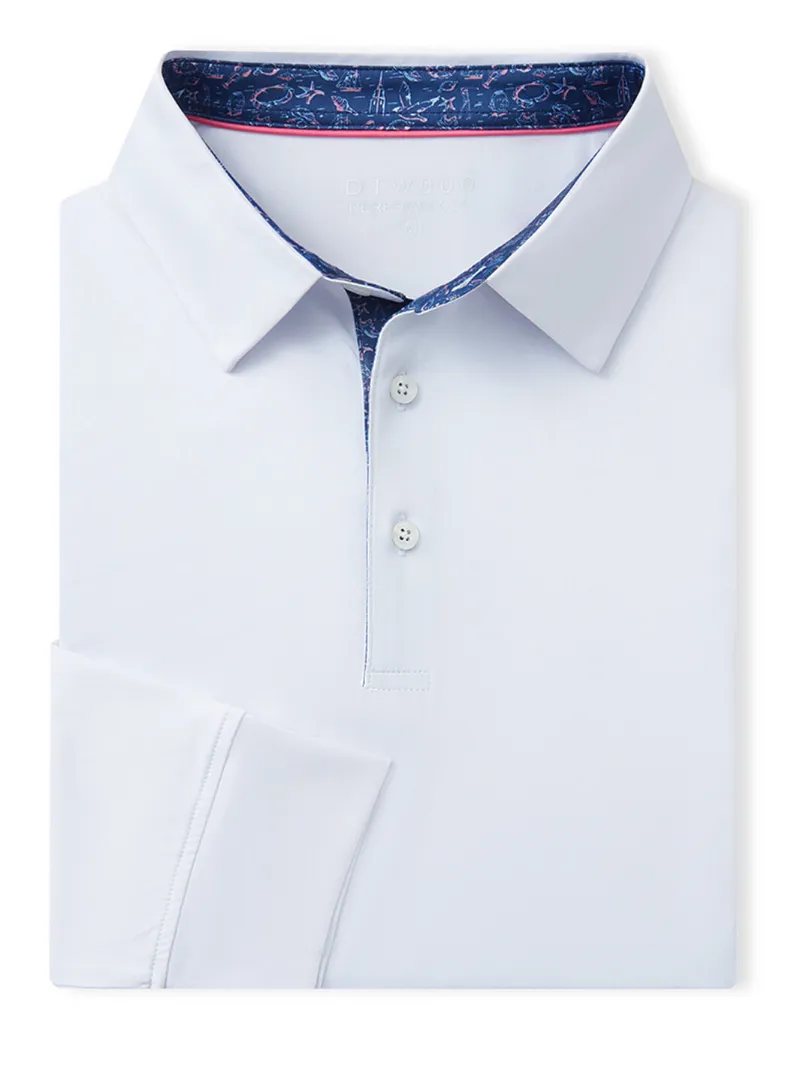 DTWOOO Designed Collared Long Sleeve Golf Polo in white with moisture-wicking fabric