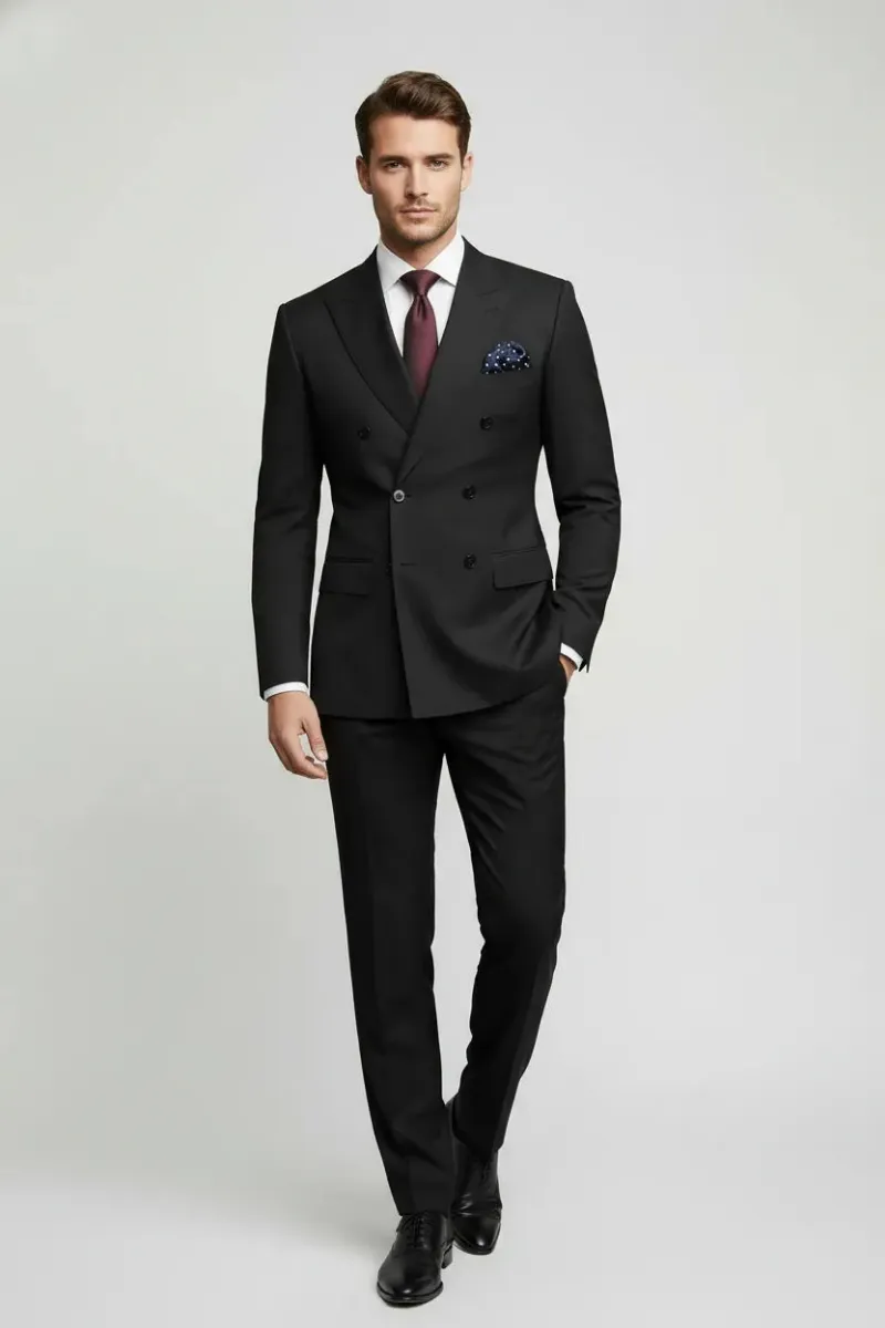 Wehilion Men's Black Double-Breasted 2 Piece Suit in an office setting