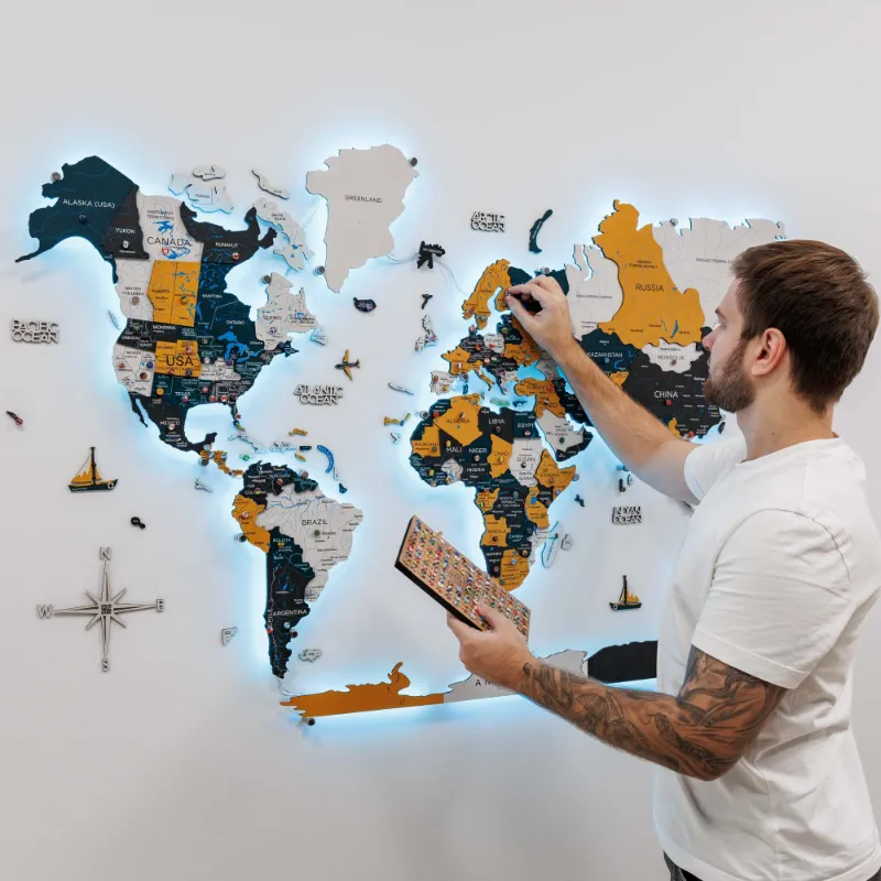 Enjoy The Wood 3D LED / LUMINOUS Wooden World Map 3.0 Country wall art with dual lighting system