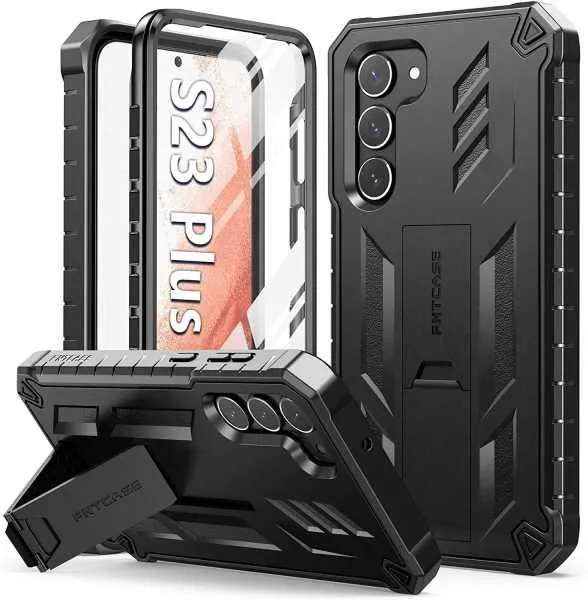 FNTCASE OFFICIAL Galaxy S23 Plus Military Textured Rugged Cover with Kickstand & Screen Protector showing armored case with built-in screen 