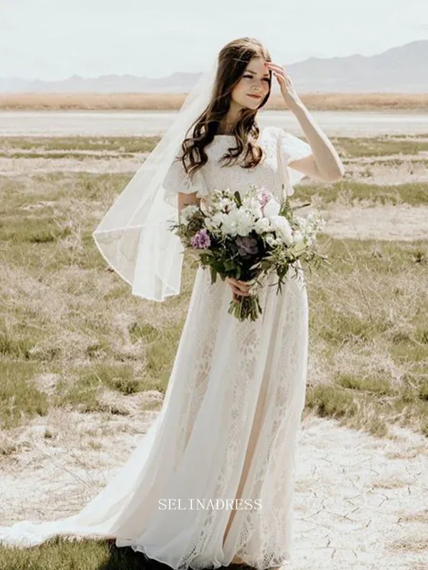 Selinadress A Line Beach Lace Wedding Dresse Custom Wedding Dress With Sleeve GRDK005 showing ivory lace beach wedding dress